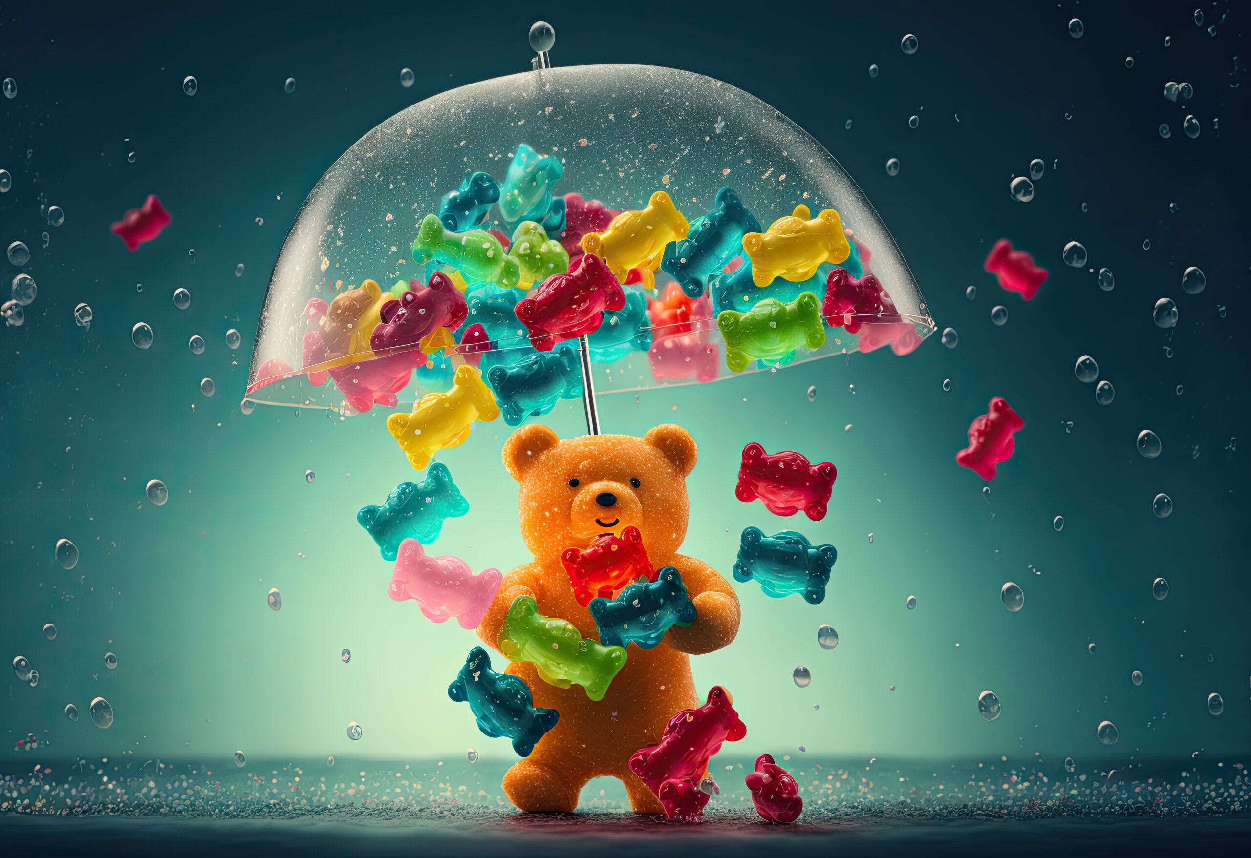Transparent umbrella under gummy bears rain against gummy bears